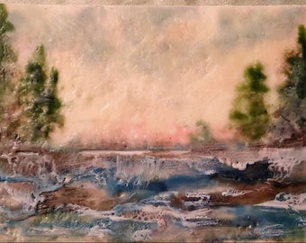 Encaustic painting, painting with wax, seascape paint, waterfall painting, beach decor, nature decor, beach house, water painting,