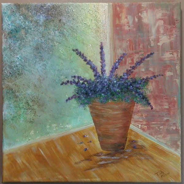 Lavender clay pot.  This 14 x 14 acrylic painting is done with different textural mediums to add an enhanced look with vibrant paints