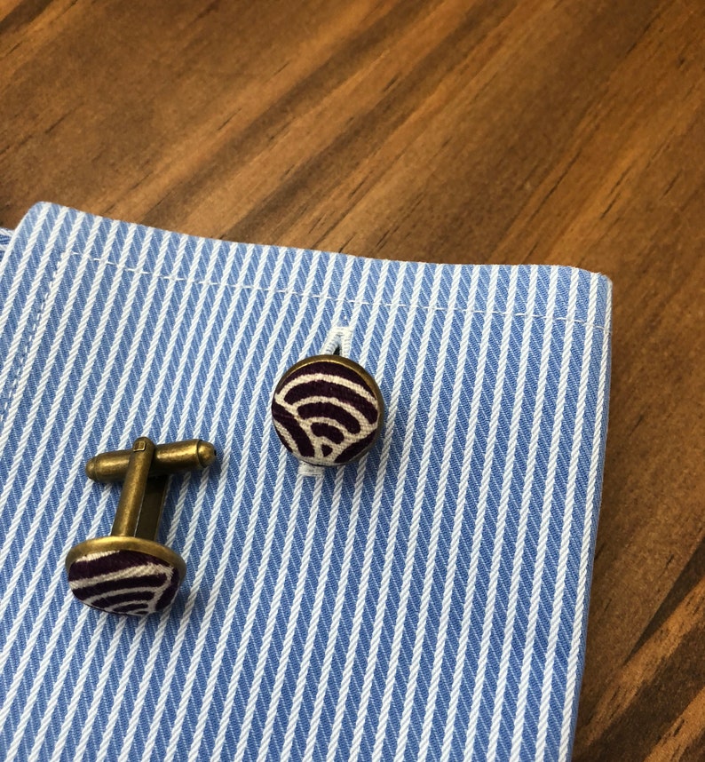 Premium Japanese textured fabric Handmade Fabric cufflinks Bronze Japanese Waves on purple Apples N/' Thyme
