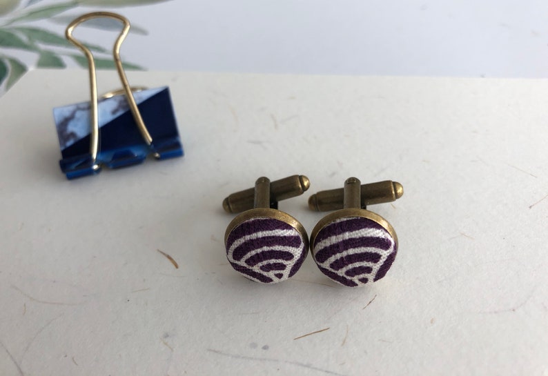 Premium Japanese textured fabric Handmade Fabric cufflinks Bronze Japanese Waves on purple Apples N/' Thyme
