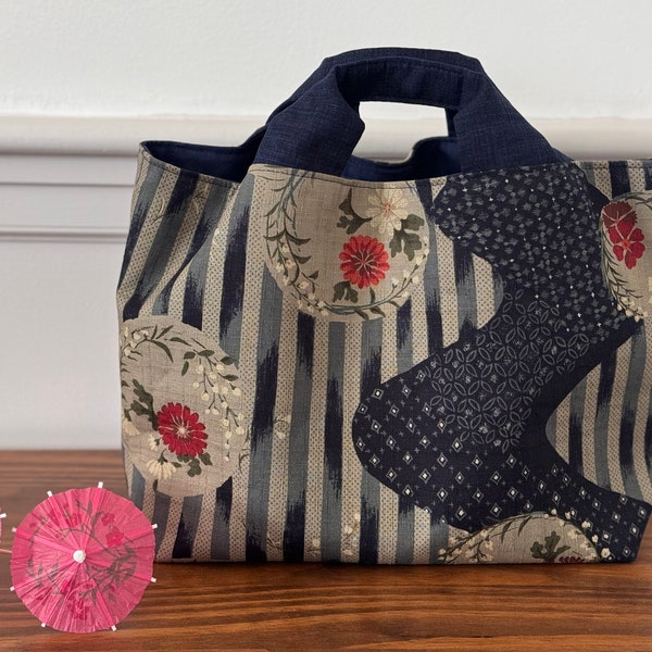 Medium Tote Bag with Gusset | Textured Japanese Fabric | Traditional Japanese pattern | Fabric Handles | Handmade | Apples N' Thyme