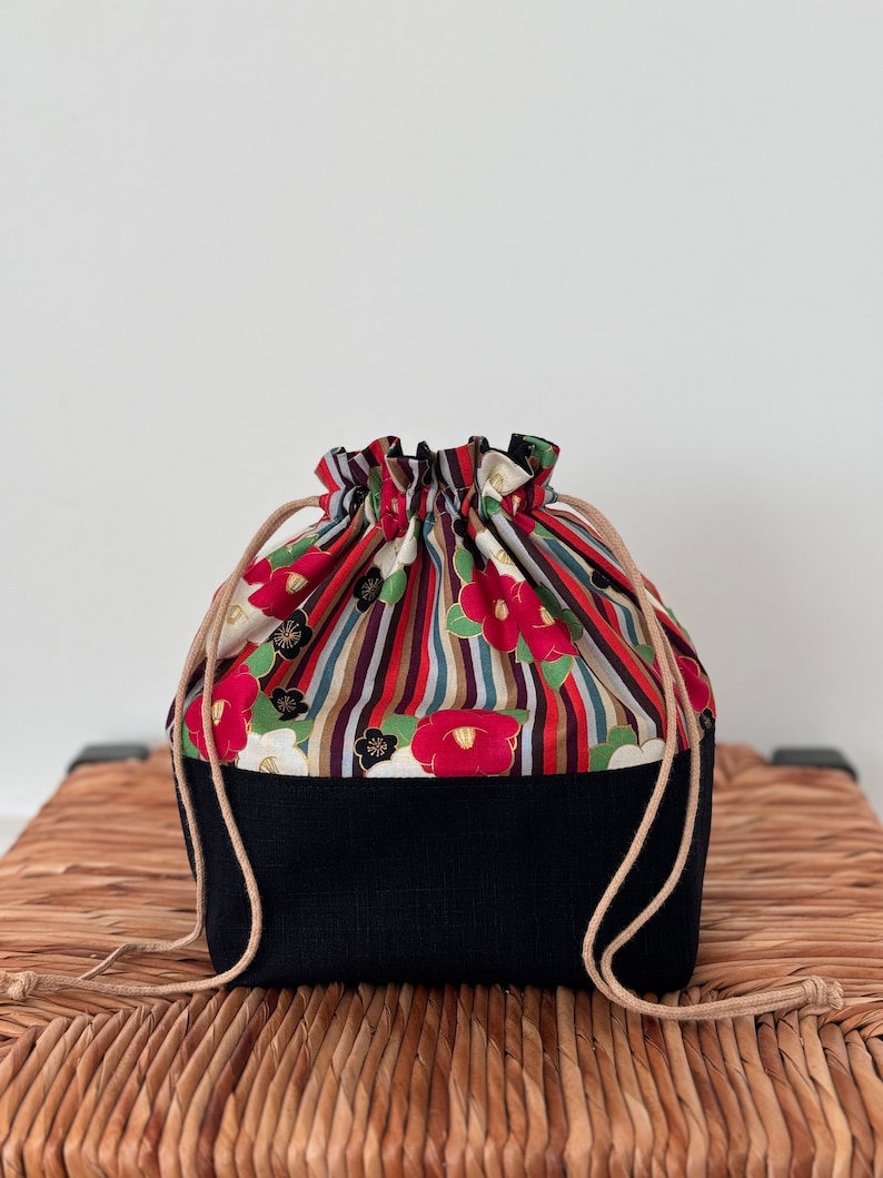 Japanese Drawstring Bag Kinchaku Bag Organizer Japanese Fabric Traditional Tsubaki Ume Lining