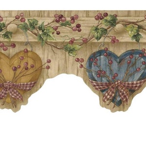 Herzen Tapetenbordüren, ausgebogtes Herz mit karierter Schleife und Beeren, Efeuranken auf rustikaler Holzbraun-Tapete, 15 'x 6,6'