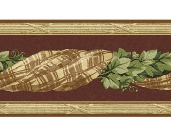 Cenefa de papel pintado a cuadros rústicos de estilo rústico marrón tostado con hiedra, estilo tradicional, para decoración de cocina y comedor, preencolada, 4,5 m x 17 cm