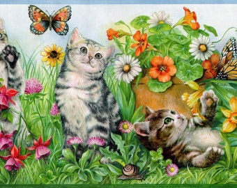 Cat Wallpaper Border - Cat Friends Playing in Flower Garden Wallpaper Border - Cat Room Decor - 9.2&quot; Wall Border