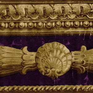 Raymond Waites Victorian Swag with Scallop Drapery Designer Wallpaper Border - Gold Brown, Deep Dark Purple - 15' L x 7" W
