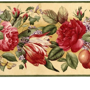 Vintage Floral Trial Rosen Blumen Obst Blätter Botanische Tapeten Bordüre | Vorgeklebt | Rot, Grün, Hellgelb | 4 m L x 24 cm B