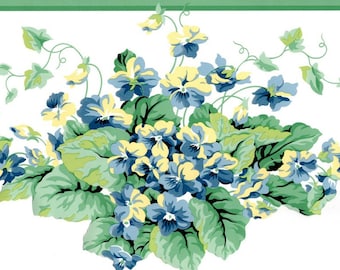 Scalloped Leaf and Blue Floral Wallpaper Border - Green, Yellow - 15 ft x 9.4 in.