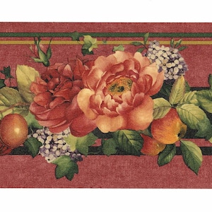 Cabbage Vintage rote Rosen Früchte und Blumentapete Bordüre | Vorgeklebt | 15' L x 4,25" B