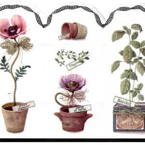 Puede incluir: Un fondo blanco con un borde festoneado blanco y negro. Hay cinco plantas en maceta con etiquetas. Las plantas son amapola "papaver", tomillo, "poivre et radis", albahaca y amapolas. La albahaca está en una lata con las palabras "GARDEN FINE TEAS".