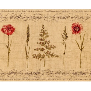 Contemporary Flower Daisy Herb & Wheat Leaf Scroll Wallpaper Border | Dark Beige, Green, Black, Red