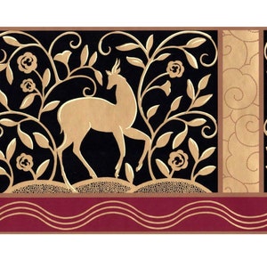 Art-Deco-Tapetenbordüre, Metallic-Schwarz-Gold-Hirsch-Rollenblattmotiv Art-Deco-Tapetenbordüre, Outdoor-Wildtier-Szenen-Tapetenbordüre