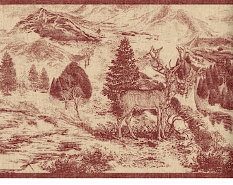Rustic Wildlife Wallpaper Border 10.25 Inch, Toile Fishing Deer Mountain Scene, Pre-Pasted