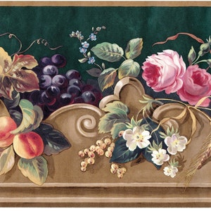 Vintage Florale und architektonische Ornamental Cottage Tapetenbordüre - Pink Rose und Weinrebe - Obst und Blumen Wandbordüre - Wandverkleidung
