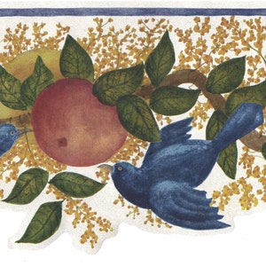 Carol Endres Primitive Folk Art Die Cut Foglia Natura Fiori Frutta Uccelli Blu Carta da parati da fattoria Bordo - Blu, Rosso, Verde, 15' x 9.25"