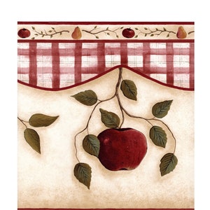 Carta da parati con motivo a vite e frutta della fattoria di campagna - Decorazione murale rustica in stile fattoria - Vichy rosso, pera, mela - Larghezza bordo 13,5"