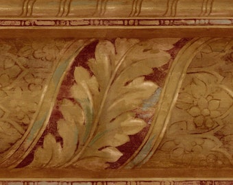 Scroll Acanthus Leaf Floral Baroque Architectural Wallpaper Border, Brown Gold with Burgundy Rust Blue, 15&#39;x8.5&quot;, Semi-gloss