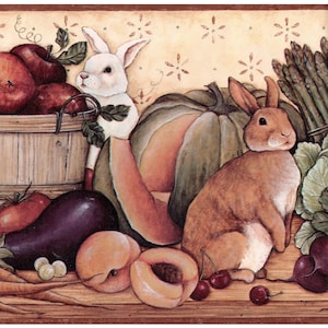 Carta da parati con prodotti freschi di fattoria, bordura da parete in stile rustico con conigli, mele, frutta e verdura, 4,5 m x 23 cm.