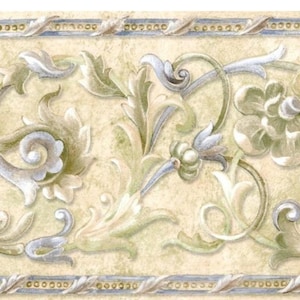 Viktorianische Akanthus-Rollenblatt-Tapetenbordüre - Grün, Blau - Florale architektonische Wandbordüre - Wanddekor - 15 'x 6,75"