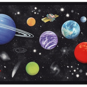 May include: A black space-themed wallpaper border with planets, stars, and a spaceship. The planets are blue, green, orange, red, and purple. The spaceship is yellow and red.