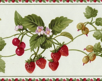 Fruit & Floral Wallpaper Border - Red Berries, Green Leaf Vine with Red Rose and Green Trim, - 15 ft x 6 in - Wallpaper Borders for Kitchen