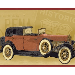 Vintage classic automobiles with historic route signs and typography Wallpaper Border - Prairie Sand Background, Red Trim, 15&#39; L x 7&quot; W