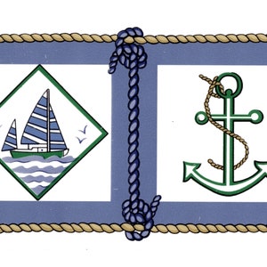 May include: A blue and white sailboat with a green hull, a green anchor with a brown rope, and a brown rope border on a blue background.