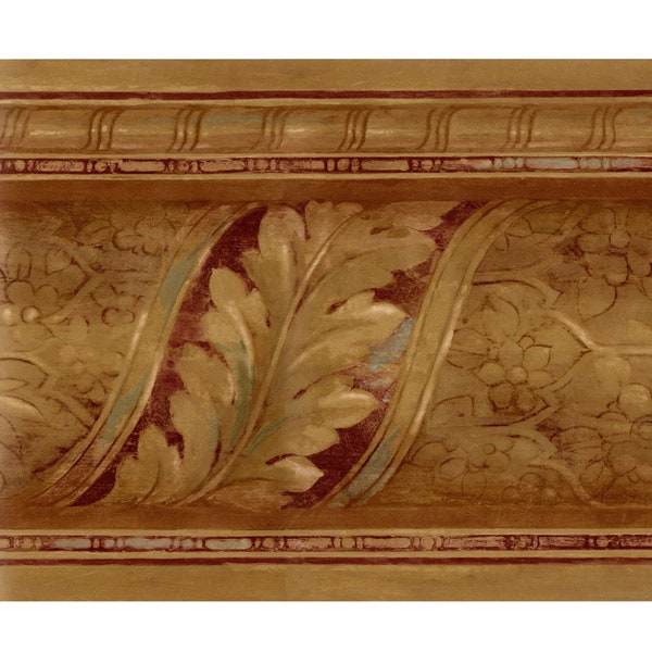 Bordure de papier peint architectural baroque floral, feuille d'acanthe, or brun et bleu rouille bordeaux, 15 pi x 8,5 po., préencollé