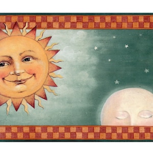 Vintage Himmlische Tapetenbordüre Mond Sonne Himmel mit Karomuster Wanddekor, 15 'L x 6,75' B