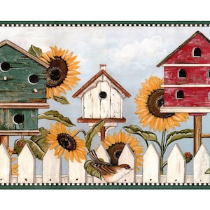 David Carter Brown Country Birdhouse Sunflower Wallpaper Border - Decorazione da parete in stile rustico per casa colonica - 15 piedi x 10,25 pollici.