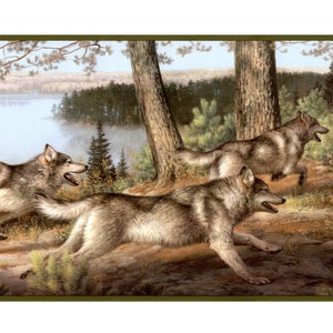 Land Natur Wildnis Wald Wildtiere Wolfsrudel Wölfe Wildtier Tapetenbordüre - grün, blau - 15 Fuß lang, 10,25 Zoll breit