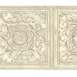 Faux Craved Wood Medaillon Floral Arabesque Rollblatt Französische Architektonische Tapete Bordüre - Hellbraun, Creme - Wandzierdekor