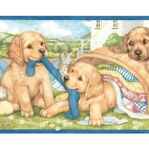 Country Laundry Wallpaper Border - Labrador Puppy Laundry Room Wall Decor - 15 feet Long, 7 in. Wide