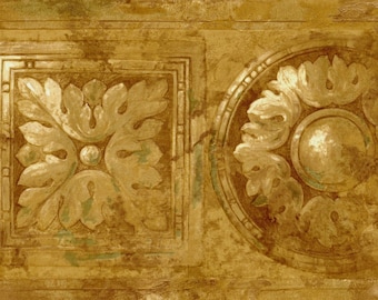 Puede incluir: Borde de papel tapiz dorado con un patrón repetitivo de diseños florales ornamentados y estilizados. El borde presenta un cuadrado y un círculo con un centro circular elevado.