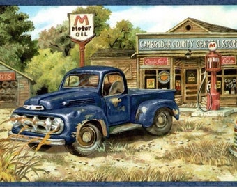 Vintage Pick-up Truck Wallpaper Border, Rustic Farmhouse Gas Station and Barn Countryside Design, Nostalgic Country Decor, 15 ft x 6.8 in