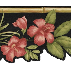Ausgebogte Hibiskusblumen-Tapetenbordüre, tropische rote Blumen, brauner Bambus, schwarzer Hintergrund, 15 'x 6,3'