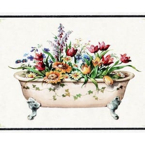 Vintage Badewanne mit Sonnenblumen Tapetenbordüre - Schwarzweiße Tapete - 17,8 cm W Wanddekor - Blumen Wandbordüre