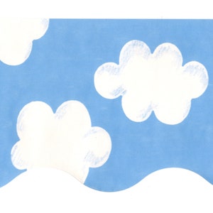 May include: A blue background with three white clouds. The clouds are drawn in a simple, childlike style.