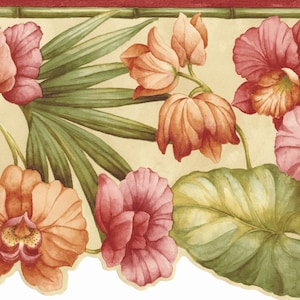 Ausgebogte rosa Blume und botanische Tapetenbordüre - Kohlblumenrankenblätter mit Bambusakzent