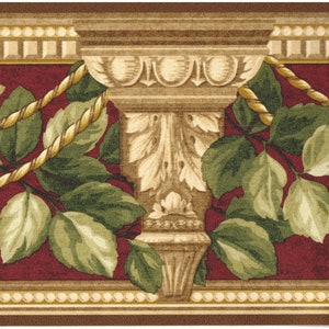 Klassische Architektonische Säule Ornamentale Blätter Rollen Tapetenbordüre - Rot Braun Grüne Tapete - 4,75 "W Wandbordüre