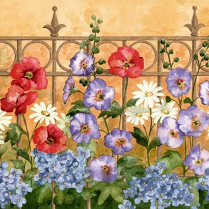 Cottage Garden Wallpaper Border, Floral & Botanical Wall Borders, Green Purple Blue Flower with Wrought Iron Picket Fence Wallpaper Border