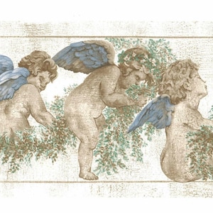 Cherubs Angel Wallpaper Border Wallpaper Border - Grey, Blue, Green, Beige - 15' Length