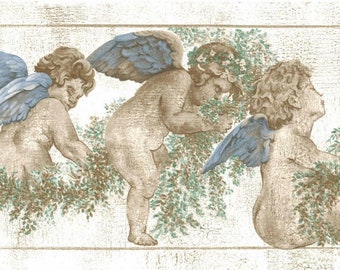 Cherubs Angel Wallpaper Border Wallpaper Border - Grey, Blue, Green, Beige - 15&#39; Length