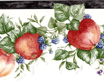 Wallpaper Border French Style Fruit Cherries Apples Pears /& Grapes Black Tan