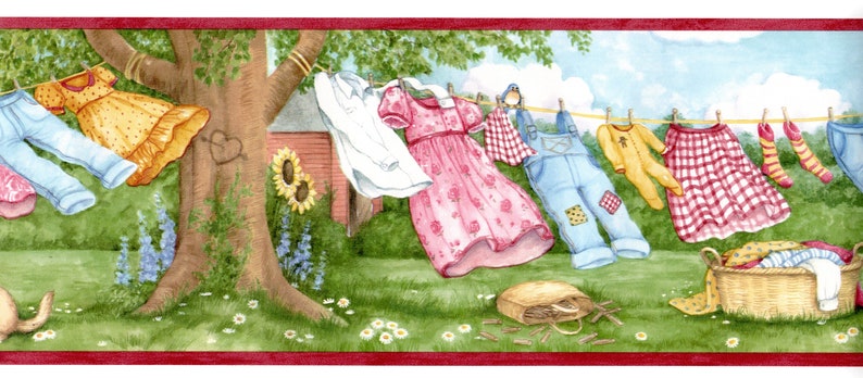 Laundry Wallpaper Border Windy Clothesline Puppy Labrador Country Laundry Wallpaper Border Sunflower Garden Laundry Puppy Wallpaper Border