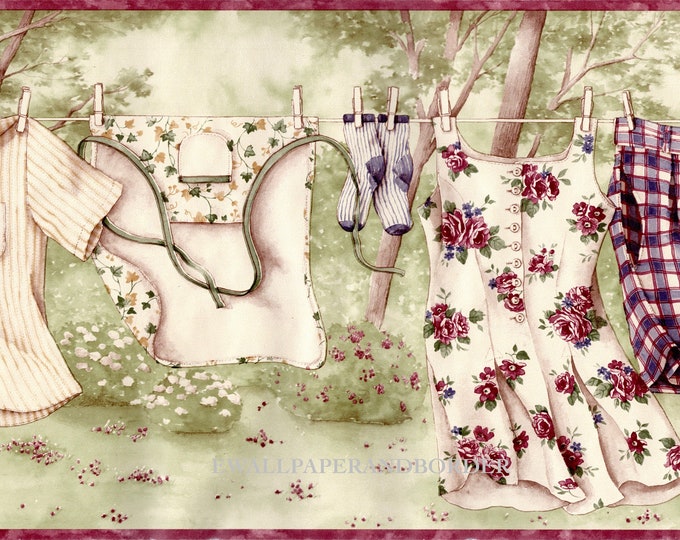 Windy Clothesline Country Laundry Wallpaper Border Laundry Room Wall Decor Green, Cream 15 Ft L