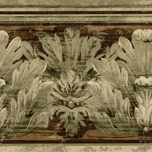 Kleeblattrolle Damast Architektonische Tapetenbordüre | Grüntöne, Braun | Vorgeklebt | 15' L x 16,75" B