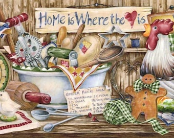 Country Kitchen Wallpaper Border, Primitive Folk Art Home Baking Rooster Kitchen Signs Wallpaper Borders, Home is Where the Heart is