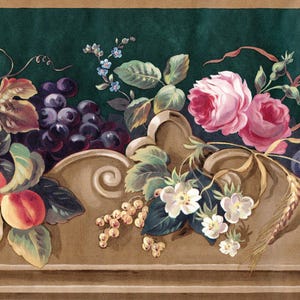Cenefa de papel pintado vintage con frutas y flores de 9,5 pulgadas, diseño de vid rosa con motivos arquitectónicos para cocina o comedor, preencolada. imagen 1