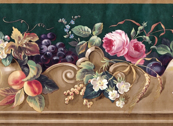 Vintage Fruit & Floral Wallpaper Border 9.5 Inch, Pink Rose Grape Vine with Architectural Ornamental for Kitchen or Dining Room, Pre-Pasted